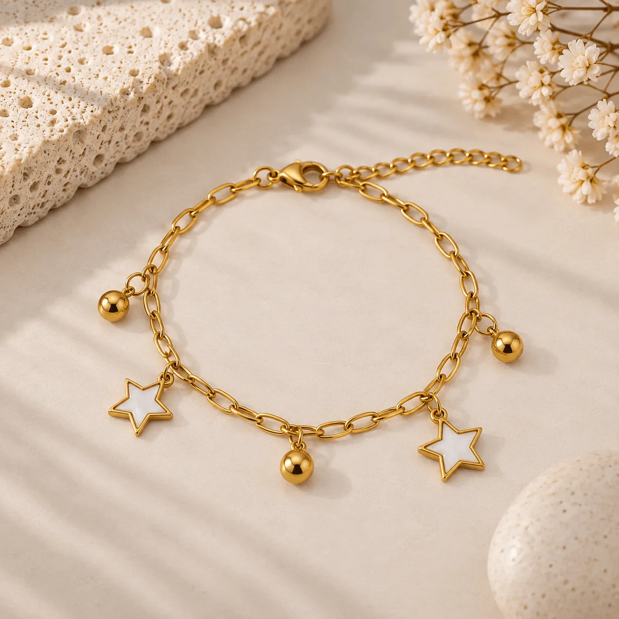 pulsera dorada con dijes estrellas blancas