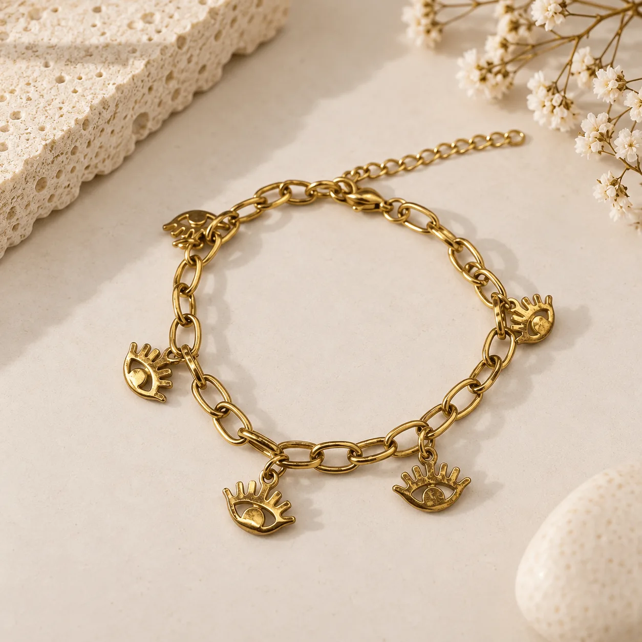 pulsera dorada con dijes ojo turco