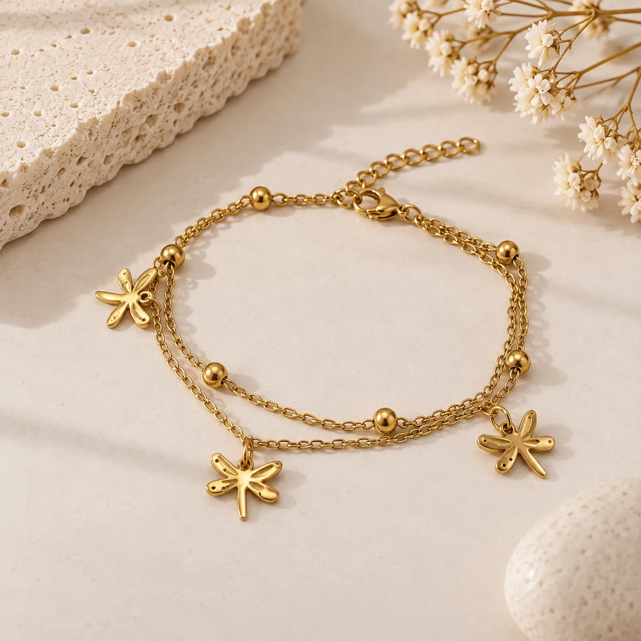pulsera dorada doble pelotas y libelula