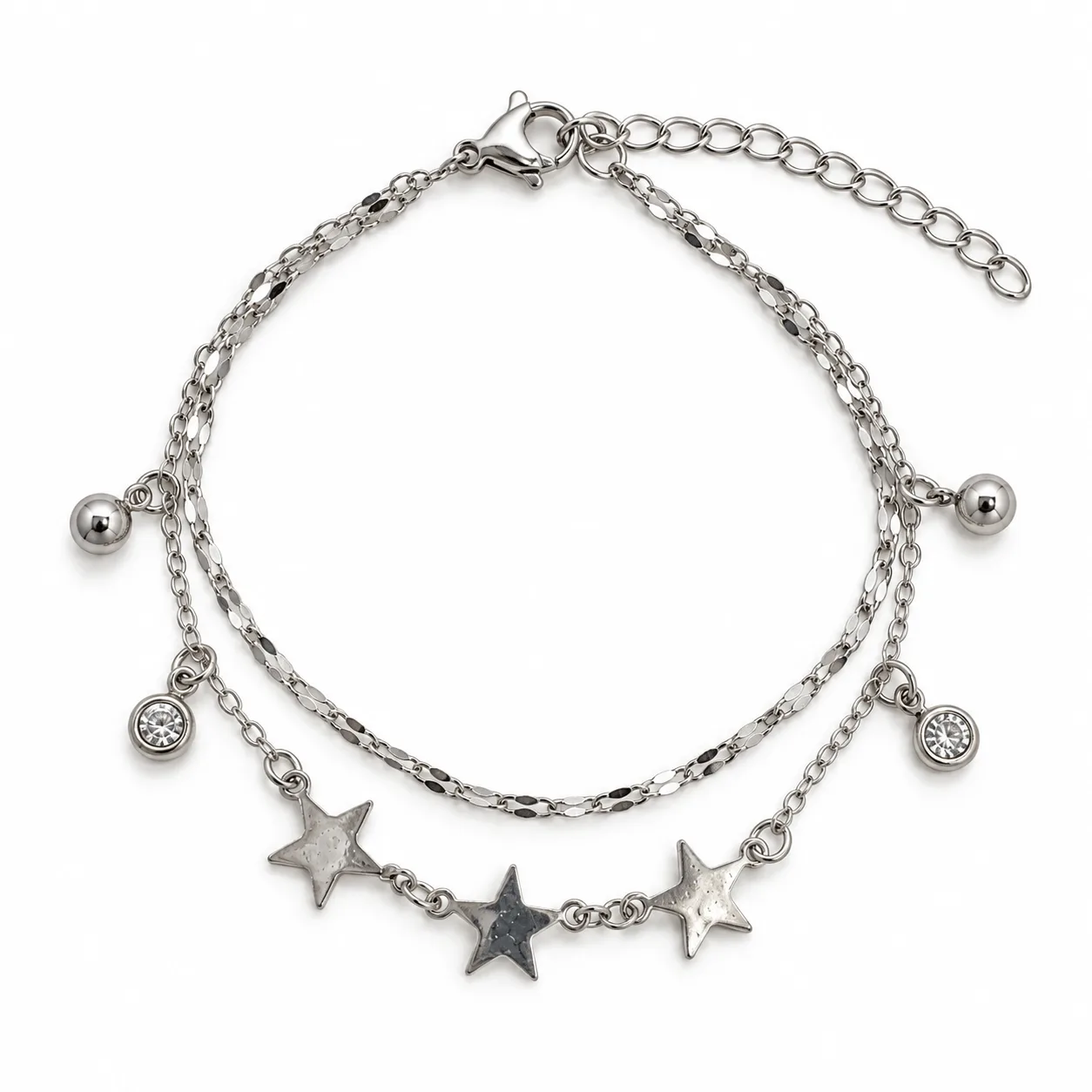 pulsera plateada doble estrellas lisas